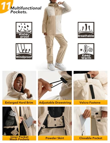 GEMYSE Women's Ski Snow Jackets and Pants Set Windproof Waterproof Snowsuit Warm Winter Snowboarding Insulated Coat(Apricot Illusion White,X-Large) - Image 4