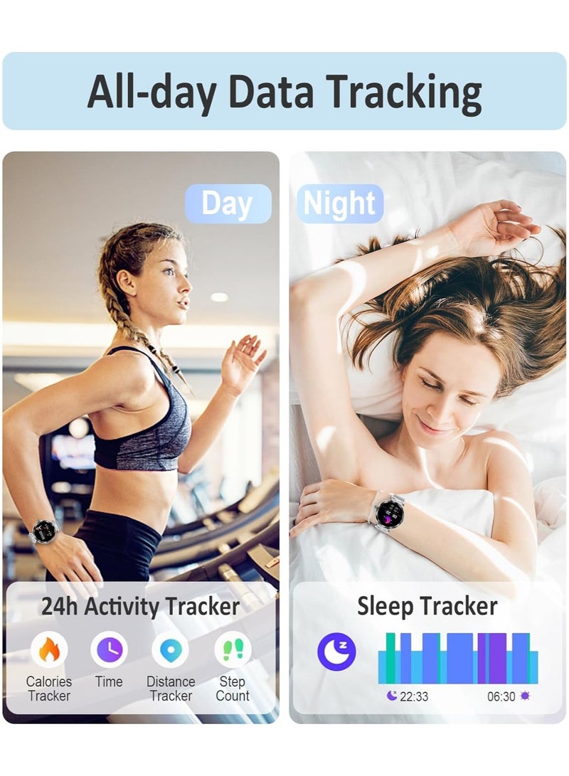 TDZDDYS ساعة ذكية نسائية فضية: شاشة AMOLED 1.19 بوصة، اتصال، مراقبة نبض القلب والنوم والأكسجين، IP68، 100+ رياضة، تتبع السعرات، iOS/Android - Image 3