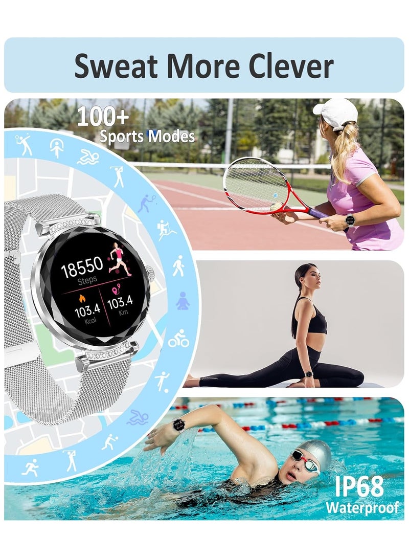 TDZDDYS ساعة ذكية نسائية فضية: شاشة AMOLED 1.19 بوصة، اتصال، مراقبة نبض القلب والنوم والأكسجين، IP68، 100+ رياضة، تتبع السعرات، iOS/Android - Image 4