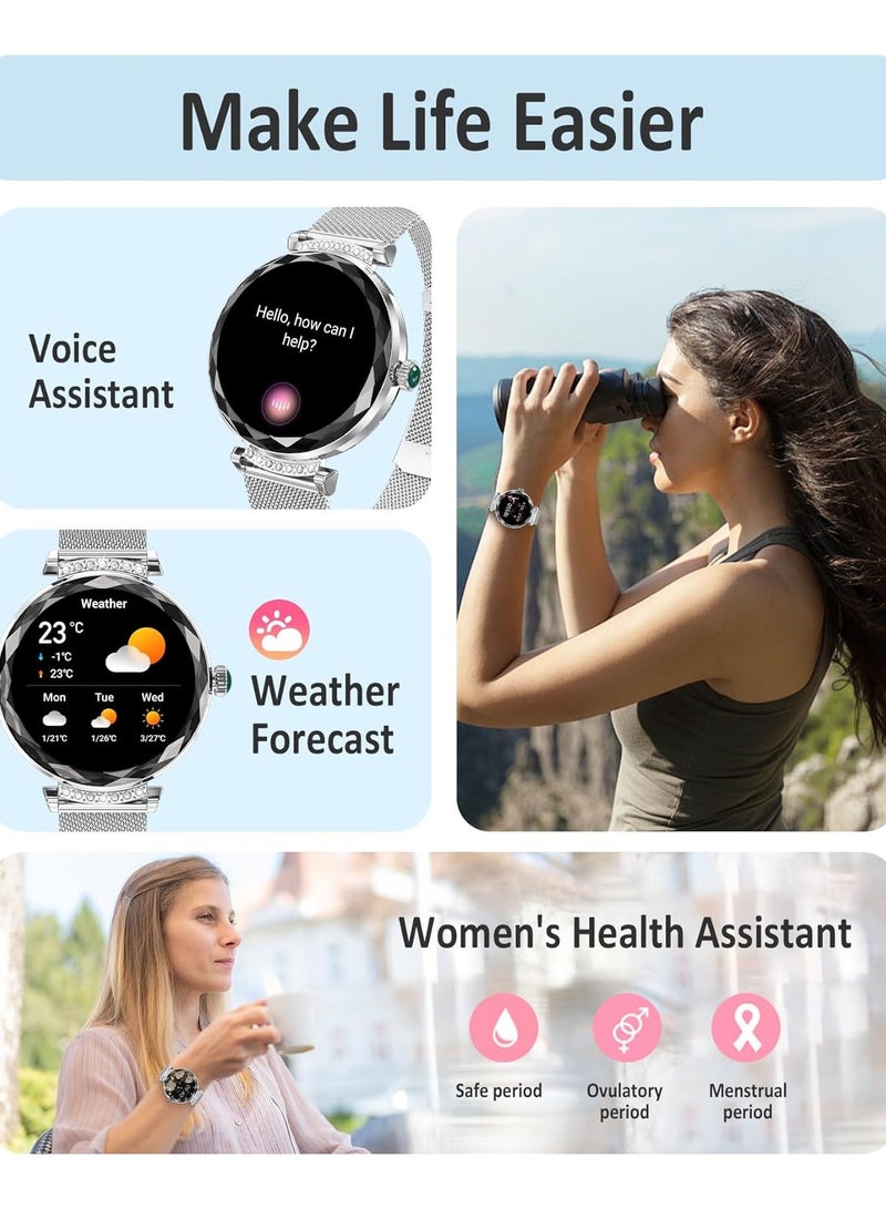 TDZDDYS ساعة ذكية نسائية فضية: شاشة AMOLED 1.19 بوصة، اتصال، مراقبة نبض القلب والنوم والأكسجين، IP68، 100+ رياضة، تتبع السعرات، iOS/Android - Image 5