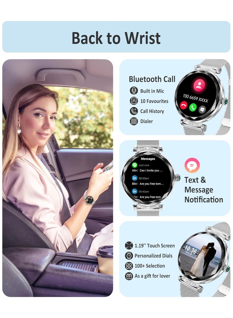 TDZDDYS ساعة ذكية نسائية فضية: شاشة AMOLED 1.19 بوصة، اتصال، مراقبة نبض القلب والنوم والأكسجين، IP68، 100+ رياضة، تتبع السعرات، iOS/Android - Image 2