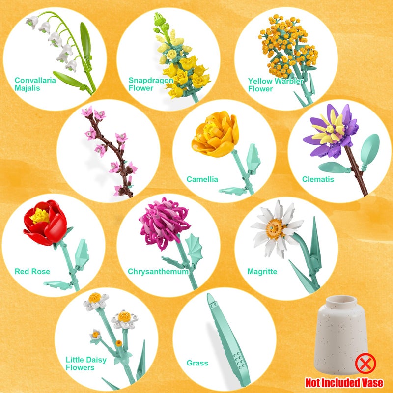Ancesfun Flowers Bouquet Building Set, 1070PCS Wildflower Botanical Collection Kit, Artificial Plant Flower Toy for Women Kids Girls, Home Office Decor Gift for Valentine's Day, Mother's Day, Christmas - Image 3