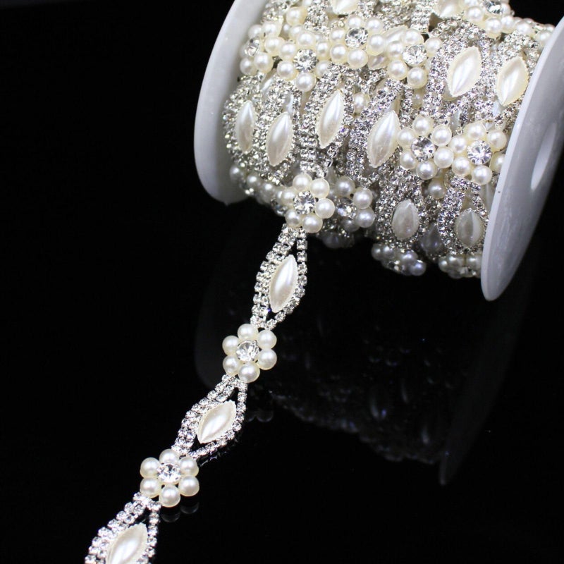 PEARLY JUN 1 Yard Pearl Rhinestone Trim Chain Silver String Crystal Applique Fringe Ribbon Strips Beads Sewing Dress DIY Party Wedding Bouquet for Decoration Bridal Costume Embellishment - Image 1