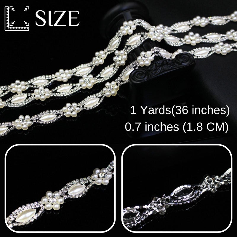 PEARLY JUN 1 Yard Pearl Rhinestone Trim Chain Silver String Crystal Applique Fringe Ribbon Strips Beads Sewing Dress DIY Party Wedding Bouquet for Decoration Bridal Costume Embellishment - Image 3