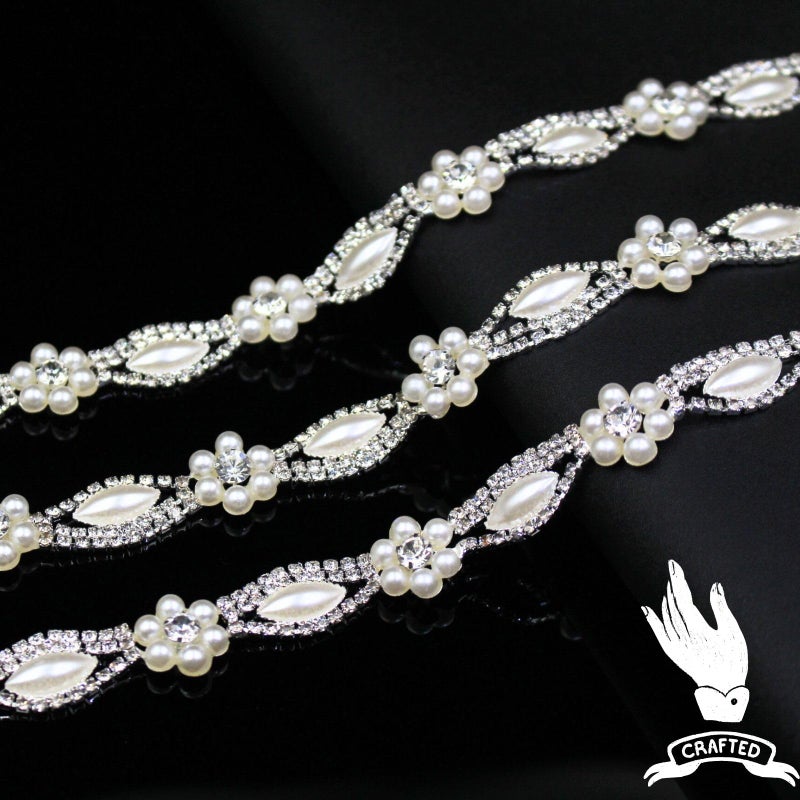 PEARLY JUN 1 Yard Pearl Rhinestone Trim Chain Silver String Crystal Applique Fringe Ribbon Strips Beads Sewing Dress DIY Party Wedding Bouquet for Decoration Bridal Costume Embellishment - Image 2