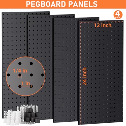 INCLY 48x24 Inch Metal Peg Board Kit with 1/4" Pegboard Hooks Accessories, 4PCS Pegboard Panels and 156PCS Black Pegboard Wall Organizer Tool Storage System for Garage Workbench Shed - Image 2
