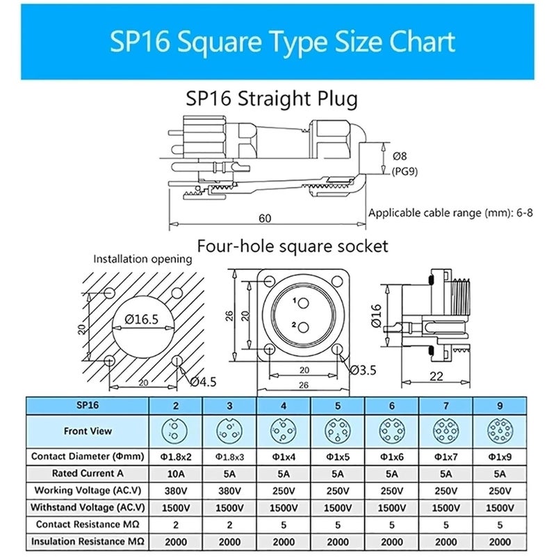 1Set SP16 IP68 Square Waterproof Connector 2/3/4/5/6/7/9 Pin Connectors & Socket Male and Female(SP16-3S) - Image 3