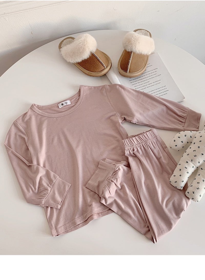 Loquat Kids Solid Color Pajama Set Cotton Soft Base Layer Top & Mid-Waist Bottom Children's Underwear Set Dusty Pink 