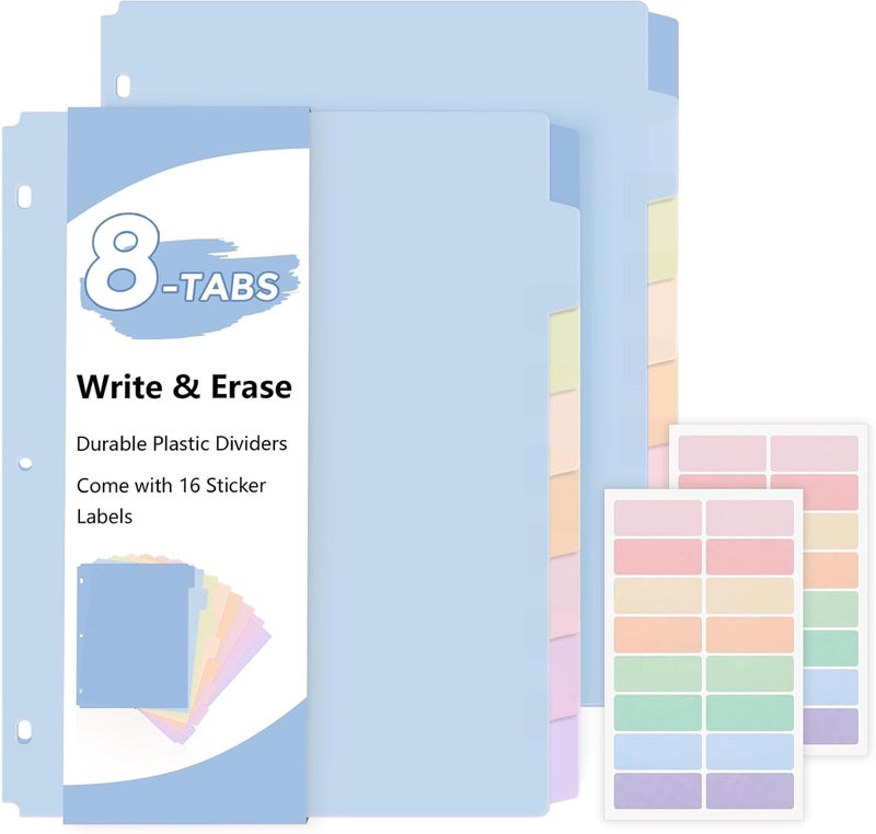 Skydue Durable Plastic 8-Tab Dividers,2sets,Big Tab Dividers for 3 Ring Binder, Write&Erase 3 Ring Binder Dividers with Tabs,with Sticker Labels - Image 1