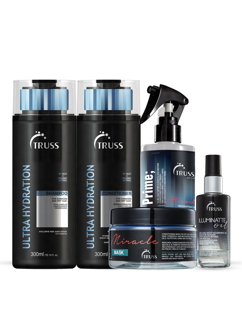 Truss Truss Ultra Hydration Hair Care Set – Shampoo & Conditioner (300ml each), Miracle Mask (180g), Deluxe Prime Leave-In Spray (260ml) + FREE Illuminatte Oil (60ml)  - Image 1