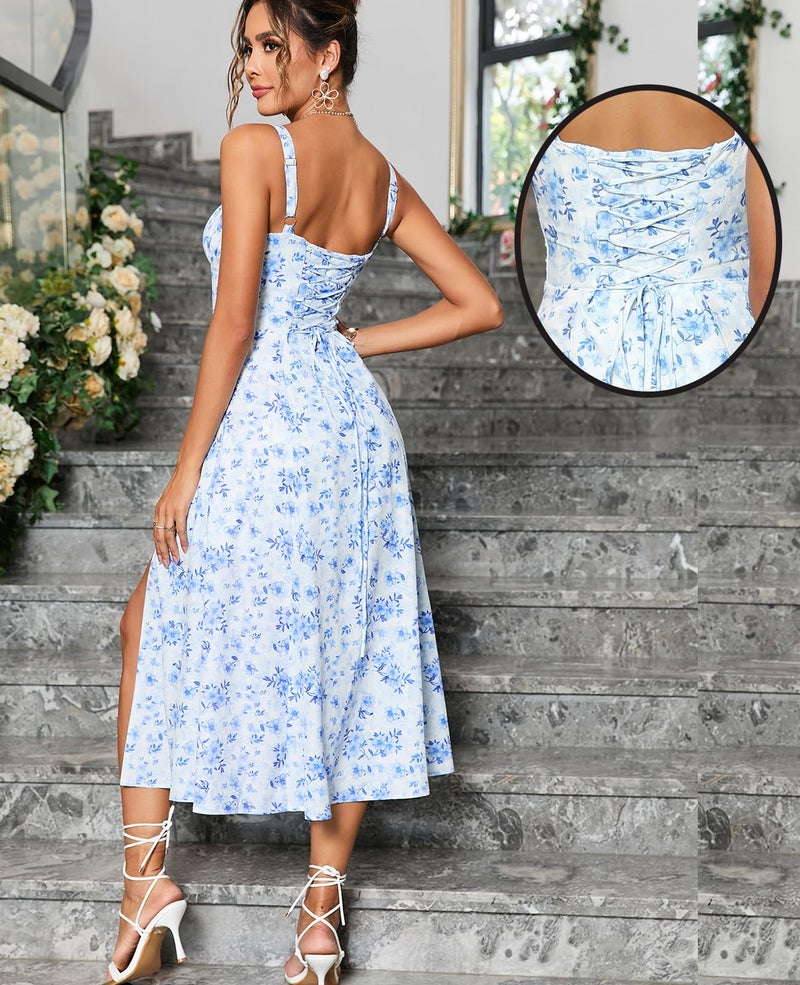 GLNEGE Floral Midi Corset Dress Wedding Guest Flowy Slit Lace Up Dresses for Women Tea Party A Line Casual Sundress Blue - Image 4