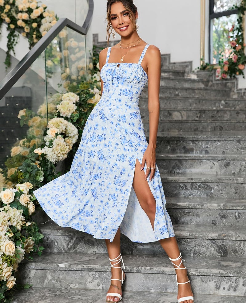 GLNEGE Floral Midi Corset Dress Wedding Guest Flowy Slit Lace Up Dresses for Women Tea Party A Line Casual Sundress Blue - Image 3