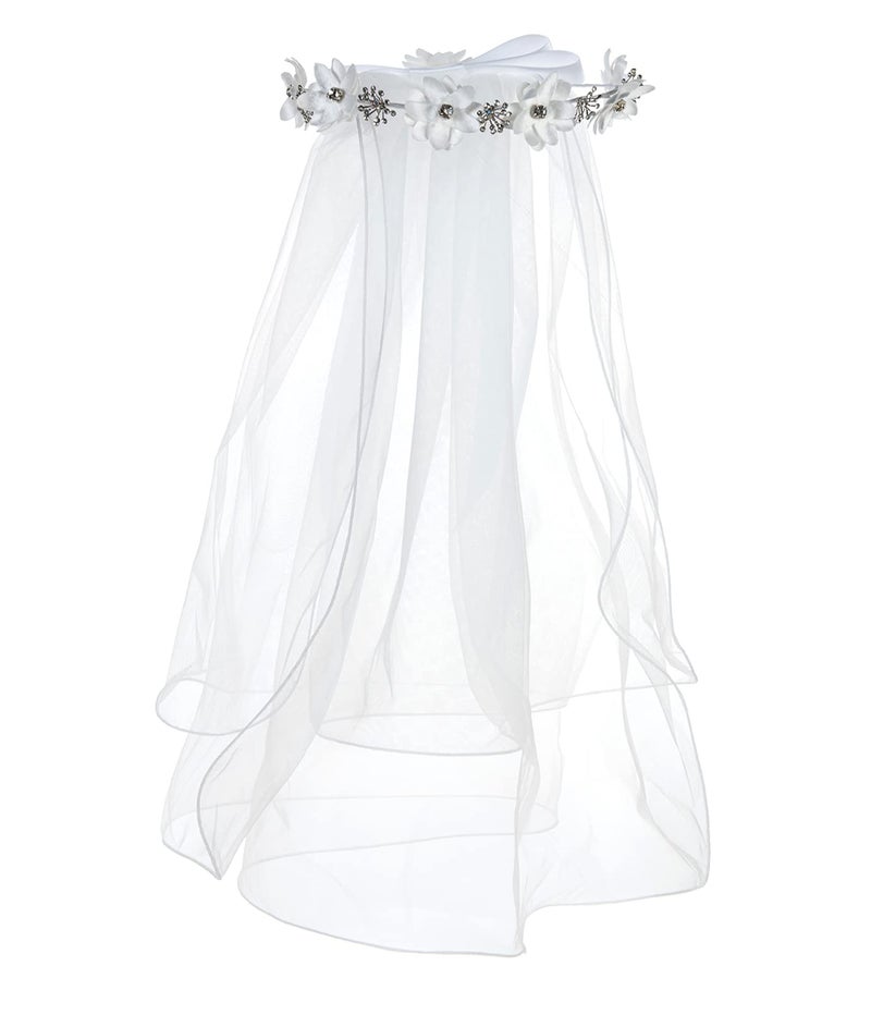 DDazzling Flower Crown Girls First Communion White Floral Wreath Lace Veil White Flower Crystal