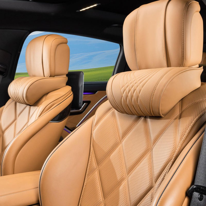 Dapucarin Car Headrest Memory Foam Neck Pillow for Driving with Leather Cover Soft Comfortable Seat Head Pillow Cushion for Most Cars SUV Sedan Home Office Palomino Brown 2PC - Image 2