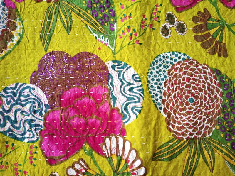 Textile export creations Creations Traditional Ethnic Kantha Indian Bedding Single Emerald Cotton Tropical Fruit Hand Stitched Bedding Bed Cover by Textile export creations Creations90x60 Inch - Image 4