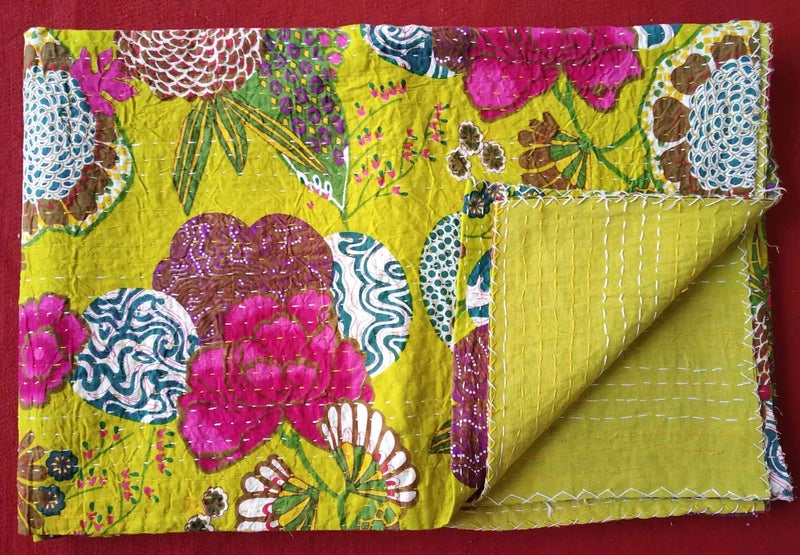 Textile export creations Creations Traditional Ethnic Kantha Indian Bedding Single Emerald Cotton Tropical Fruit Hand Stitched Bedding Bed Cover by Textile export creations Creations90x60 Inch - Image 3