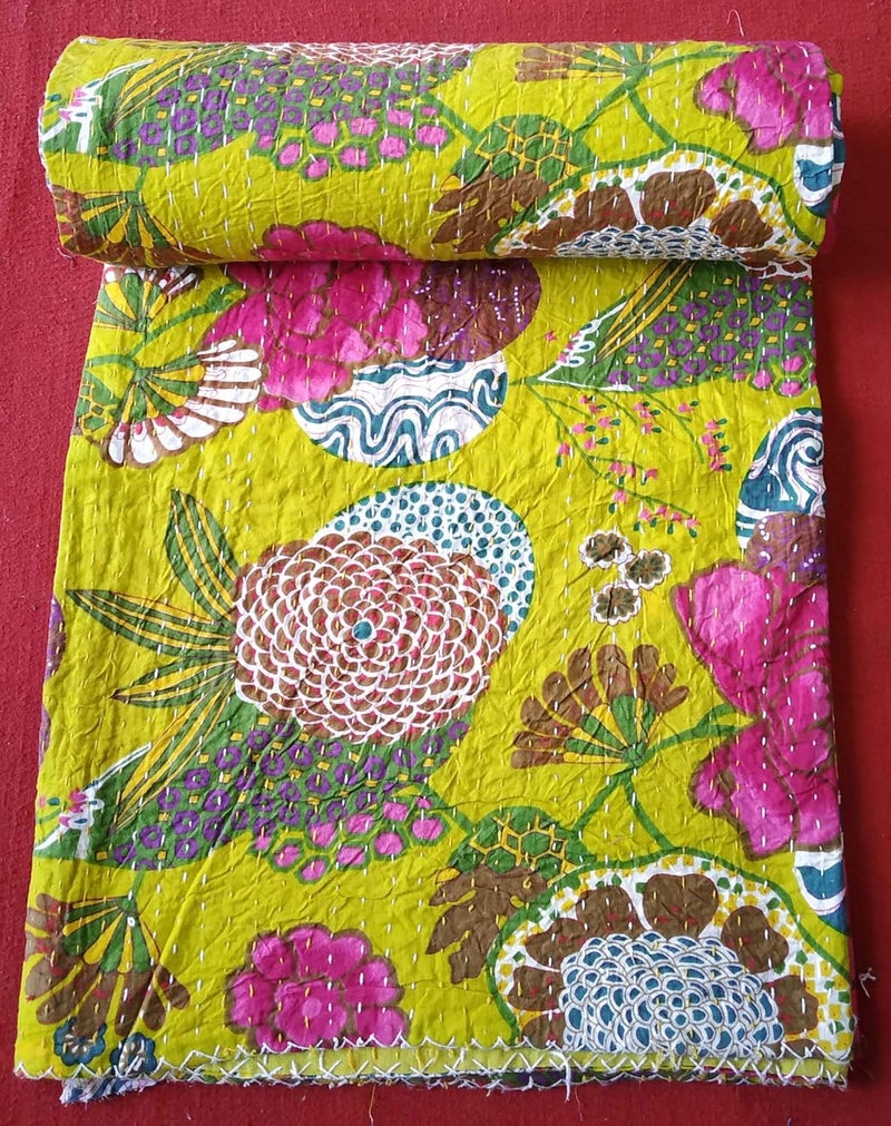 Textile export creations Creations Traditional Ethnic Kantha Indian Bedding Single Emerald Cotton Tropical Fruit Hand Stitched Bedding Bed Cover by Textile export creations Creations90x60 Inch - Image 1