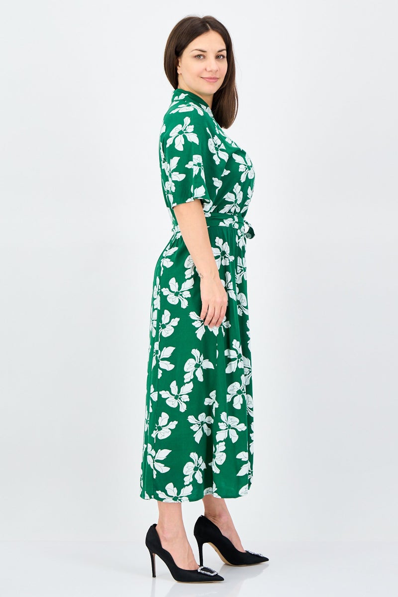 ANNE KLEIN فستان ميدي مزخرف بالورود للنساء، أخضر - Image 2