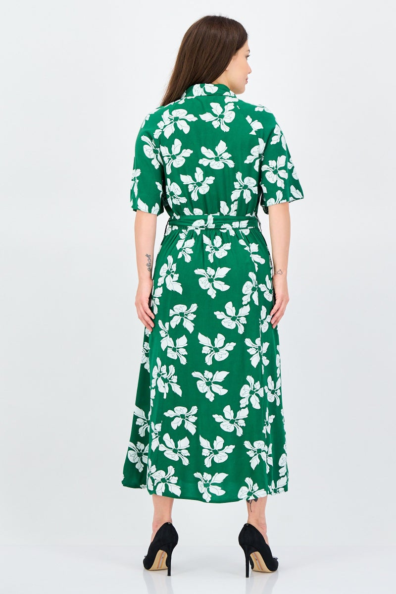 ANNE KLEIN فستان ميدي مزخرف بالورود للنساء، أخضر - Image 4