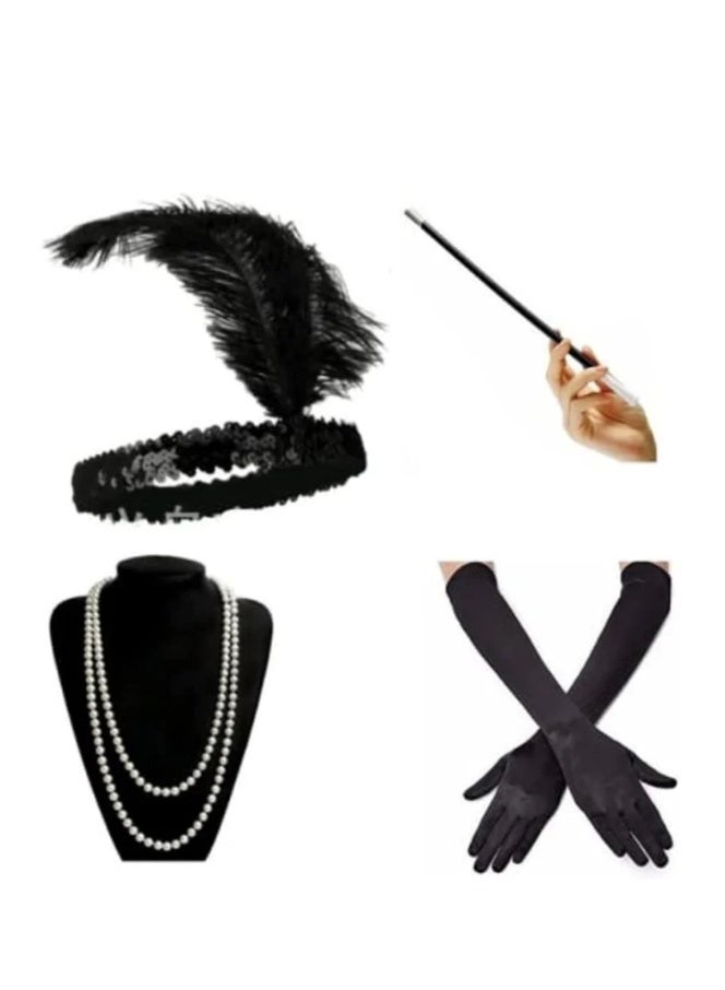 1920s Accessories Sets Costume Gatsby Feather Headband Gloves - Image 1
