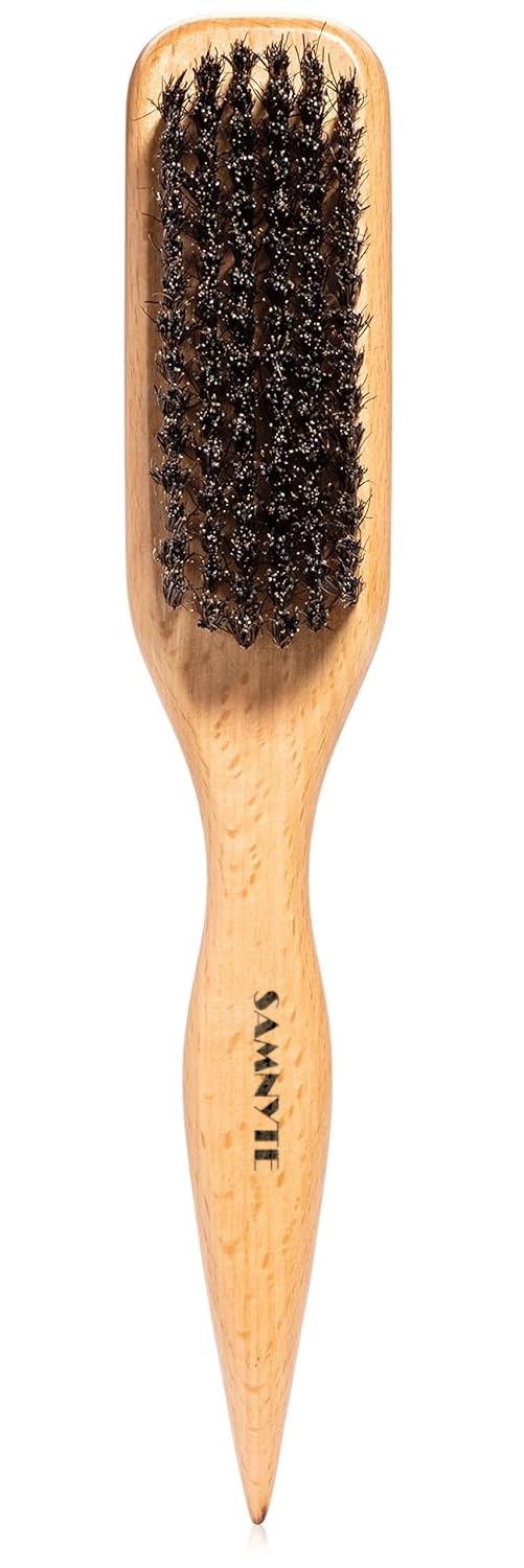 100% Boar Bristle Slick Back Hair Brush | Natural Peach Wood Handle | Restores Shine, Controls Frizz, Smooths Flyaways | Teasing Adds Volume Styling Tool | For Sleek Ponytails, Buns & Beard Grooming