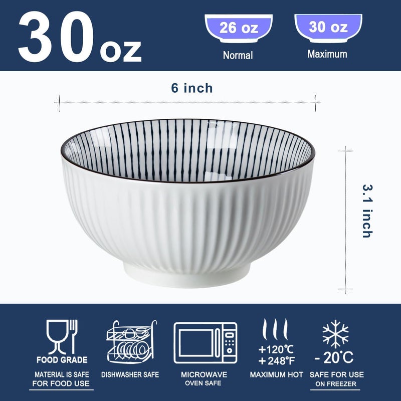 Houlu 30 ounce ceramic rice bowl Japanese bowl set various tableware for grains soups desserts snacks fruits 6 pieces per pack blue and white - Image 2
