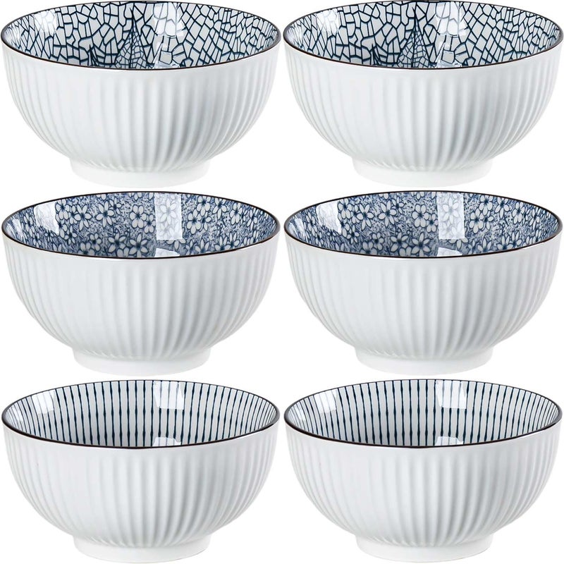 Houlu 30 ounce ceramic rice bowl Japanese bowl set various tableware for grains soups desserts snacks fruits 6 pieces per pack blue and white - Image 1