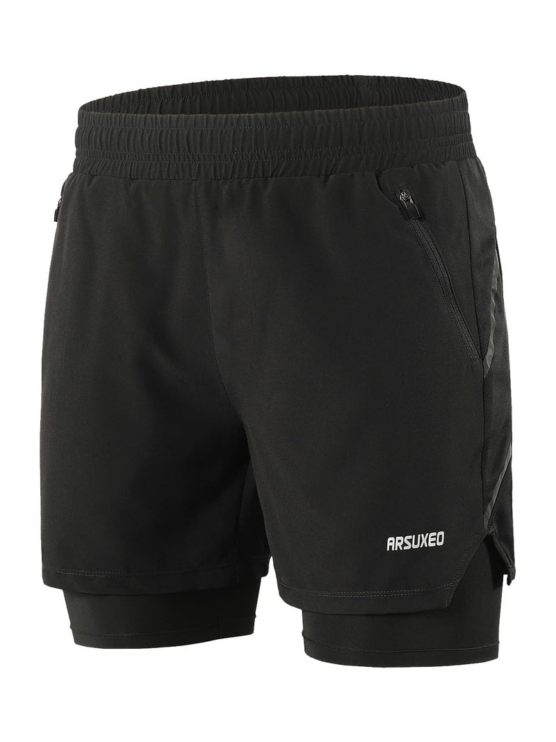 ARSUXEO شورتات جري نشطة 2 في 1 للرجال من ARSUXEO مع 2 جيوب بسحاب B191 أسود مقاس متوسط - Image 1