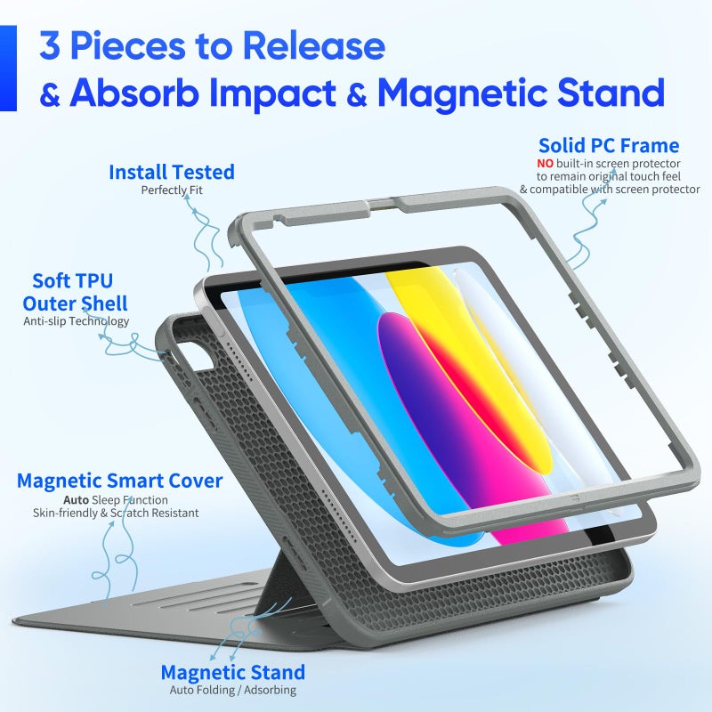 SEYMAC stock Case for iPad (A16) 11th/10th Generation 11''/10.9'', Strong Magnetic Auto Sleep Shockproof Case with Absorbing Multi-Angles Stand, Pen Holder, Card Slot (Gray) - Image 5
