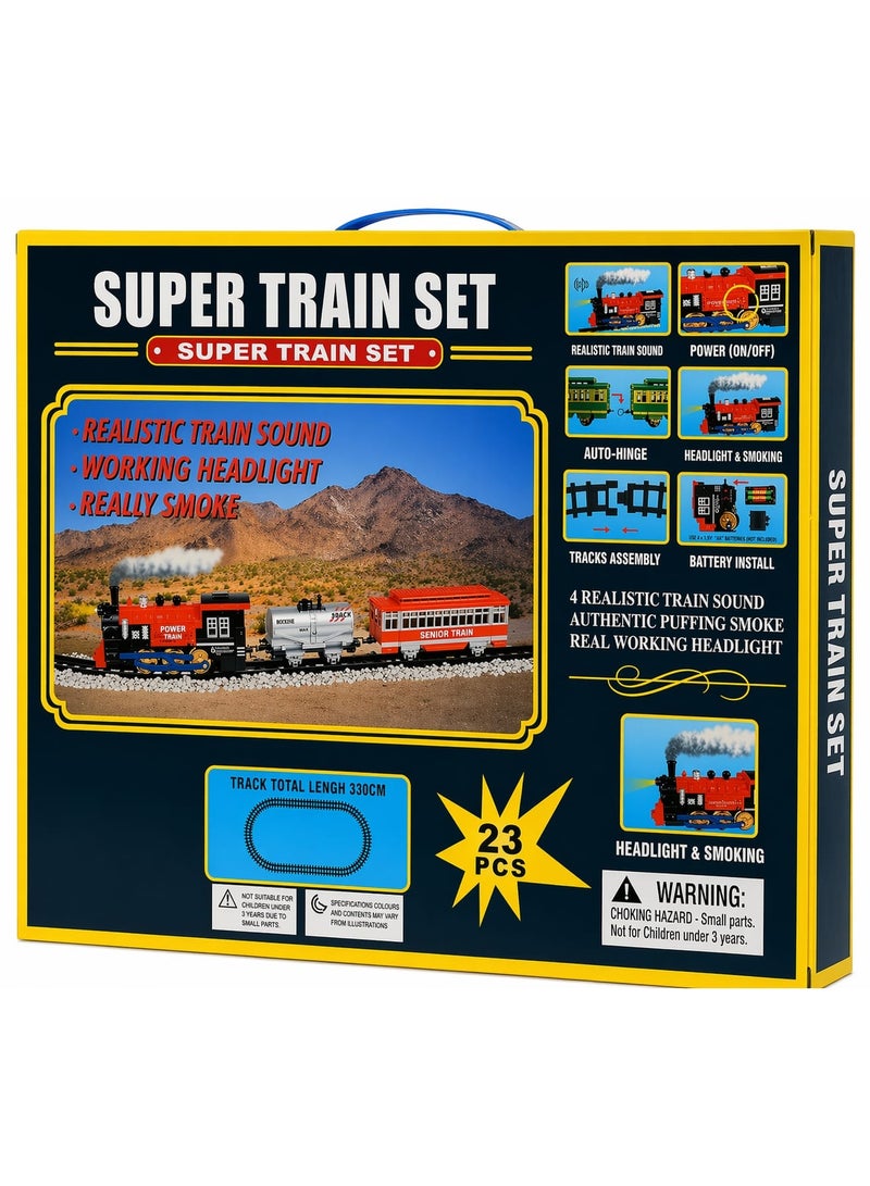 Classic Steam Train Set for Kids - Realistic Sounds, Lights, and Real Smoke - 330cm Track - 23 Pieces Educational Toy - Image 1