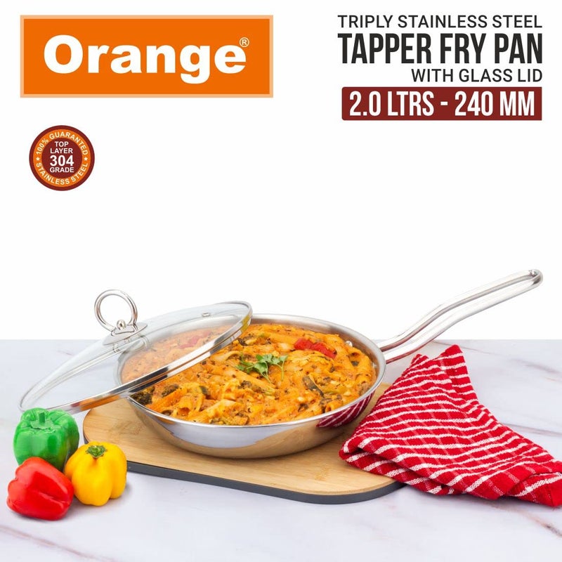 Orange Triply Stainless Steel Fry Pan with Riveted Cast Long Handle with Glass Lid | 2 Litre Capacity, 24cm Diameter | Heavy Bottom | Gas top and Induction Friendly | Silver | 5 Year Warranty - Image 2