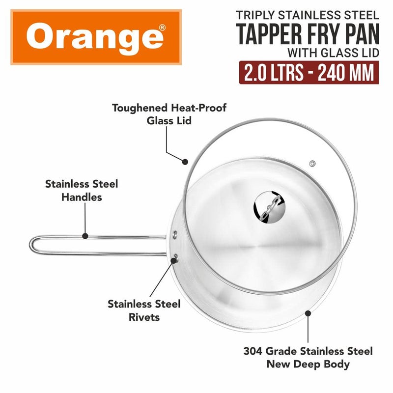 Orange Triply Stainless Steel Fry Pan with Riveted Cast Long Handle with Glass Lid | 2 Litre Capacity, 24cm Diameter | Heavy Bottom | Gas top and Induction Friendly | Silver | 5 Year Warranty - Image 5