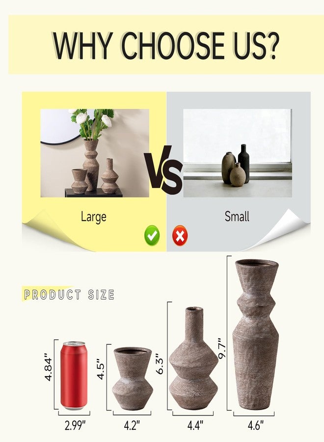 Vanselia Ceramic Vase Home Table Decor - Brown Flower Vase Set of 3 Living Room Kitchen Decorations Farmhouse Modern Rustic Vases Decorative Centerpiece for Shelf Bedroom Office Bathroom Dining Coffee Desk - Image 2