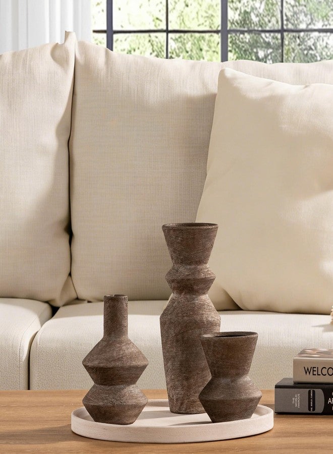 Vanselia Ceramic Vase Home Table Decor - Brown Flower Vase Set of 3 Living Room Kitchen Decorations Farmhouse Modern Rustic Vases Decorative Centerpiece for Shelf Bedroom Office Bathroom Dining Coffee Desk - Image 4