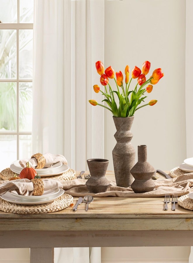 Vanselia Ceramic Vase Home Table Decor - Brown Flower Vase Set of 3 Living Room Kitchen Decorations Farmhouse Modern Rustic Vases Decorative Centerpiece for Shelf Bedroom Office Bathroom Dining Coffee Desk - Image 3