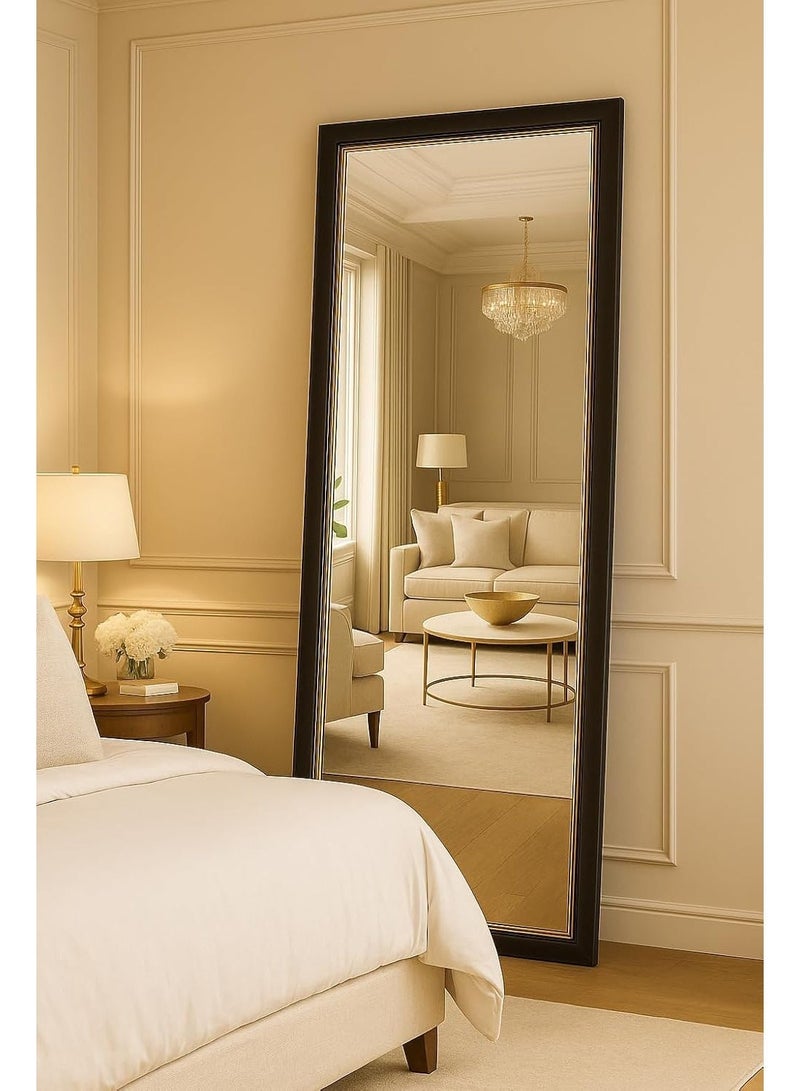 مرآة طول كامل كبيرة 174.5 × 74.5 سم، مرآة أرضية أو معلقة على الحائط، مرآة جسم كاملة بإطار PVC أسود مع حواف ذهبية لغرفة النوم والممر وخزانة الملابس - Image 3