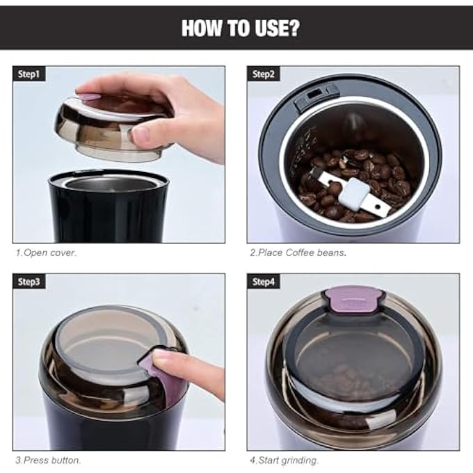 كيلا مطحنة قهوة كهربائية ميني 50 جرام بسعة كبيرة بسعة 150 واط بنكهة توابل الأعشاب مع شفلتين من الفولاذ المقاوم للصدأ لحبوب القهوة، المكسرات، البذور، الفول السوداني، الحبوب، الأسود - Image 4