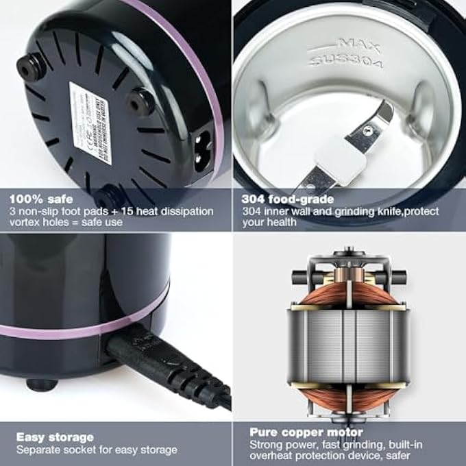 كيلا مطحنة قهوة كهربائية ميني 50 جرام بسعة كبيرة بسعة 150 واط بنكهة توابل الأعشاب مع شفلتين من الفولاذ المقاوم للصدأ لحبوب القهوة، المكسرات، البذور، الفول السوداني، الحبوب، الأسود - Image 2