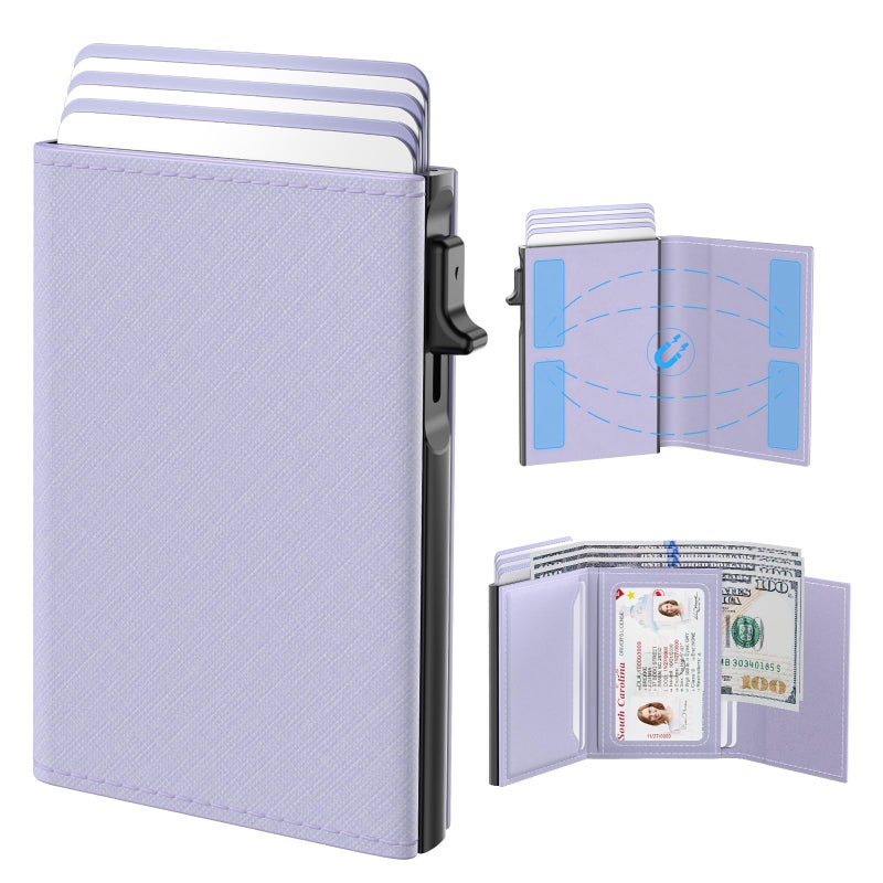 typecase Womens Wallet Card Holder: Pop Up Card Case, Genuine Leather, RFID Blocking, Slim, Minimalist, Thin, Small Size - 9-14 Card Capacity, ID Window, Cash Pocket (Lavender) - Image 1