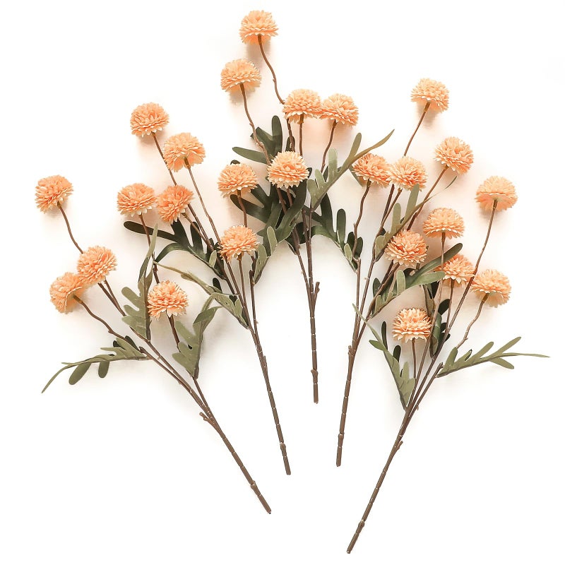 Floroom 5pcs Faux Silk Pompon Mum Artificial Flowers, Bulk Fake Mini Chrysanthemums with Stems for DIY Bouquet Centerpieces Wedding Fillers Arrangements Shower Decorations, Apricot Peach - Image 1