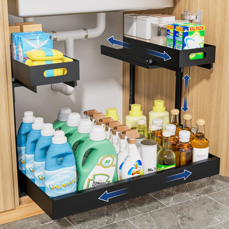 Insputer Upgrade Expandable Under Sink Organizer, 2 Tier Metal Under Cabinet Storage with 3 Slide Rails, Height Adjustable, Thickened Pull Out Drawer Shelf for Bathroom, Kitchen, Laundry, Pantry - Image 1