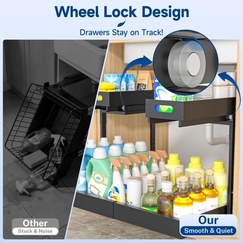 Insputer Upgrade Expandable Under Sink Organizer, 2 Tier Metal Under Cabinet Storage with 3 Slide Rails, Height Adjustable, Thickened Pull Out Drawer Shelf for Bathroom, Kitchen, Laundry, Pantry - Image 3