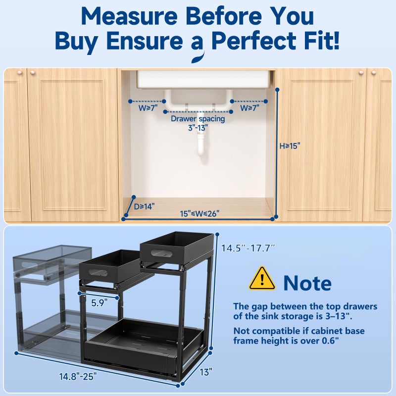 Insputer Upgrade Expandable Under Sink Organizer, 2 Tier Metal Under Cabinet Storage with 3 Slide Rails, Height Adjustable, Thickened Pull Out Drawer Shelf for Bathroom, Kitchen, Laundry, Pantry - Image 5