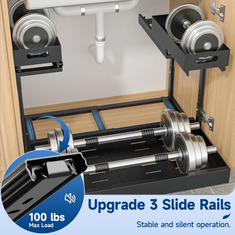 Insputer Upgrade Expandable Under Sink Organizer, 2 Tier Metal Under Cabinet Storage with 3 Slide Rails, Height Adjustable, Thickened Pull Out Drawer Shelf for Bathroom, Kitchen, Laundry, Pantry - Image 4