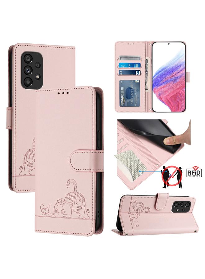 S-TOP Case For Samsung Galaxy A53 5G Cat Rat Embossed Pattern RFID PU Phone Case with Wrist Strap - Image 1