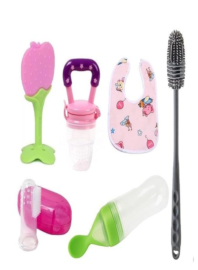 Joy Buzz Babies Fruit Feeder Pacifier (1 Pcs) with 1 PCS Silicone Baby Food Dispensing Spoon 90ML and 1 pcs Fruit Teether 1pcs Finger Brush 1 pcs Baby bib 1 Pcs Bottle Cleaning Brush Gifting Combo (5 Pcs Combo Multicolor) - Image 1