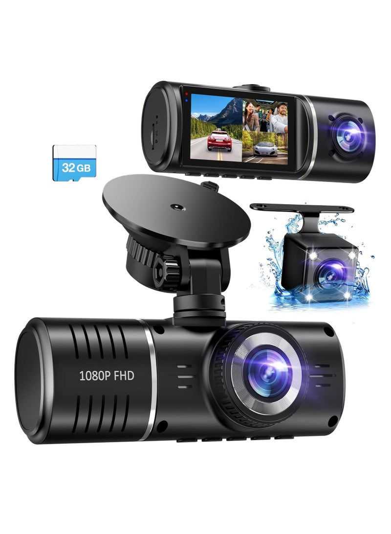 Dash Cam, 3 Channel Dash Cam, 1080P Dash Cam Front and Inside, Triple Dash Cam, Dash Camera with 32GB Card, HDR, G-Sensor, 24Hr Parking, Front Rear Dash Cam Loop Recording - Image 1