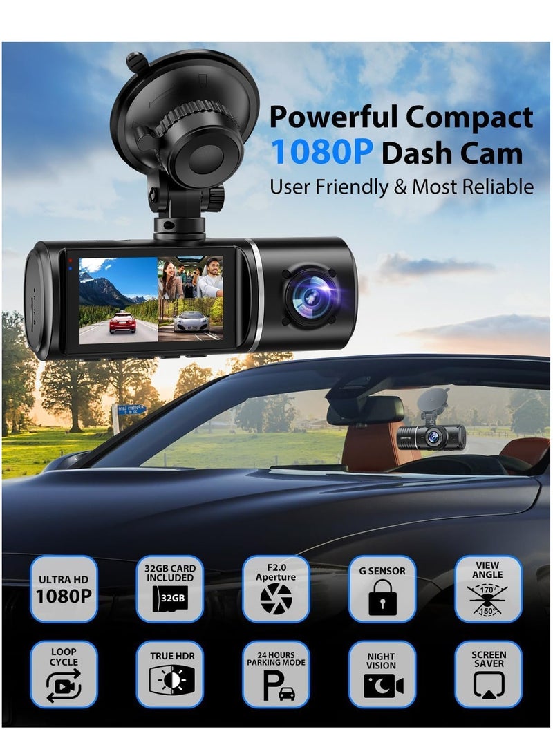 Dash Cam, 3 Channel Dash Cam, 1080P Dash Cam Front and Inside, Triple Dash Cam, Dash Camera with 32GB Card, HDR, G-Sensor, 24Hr Parking, Front Rear Dash Cam Loop Recording - Image 2