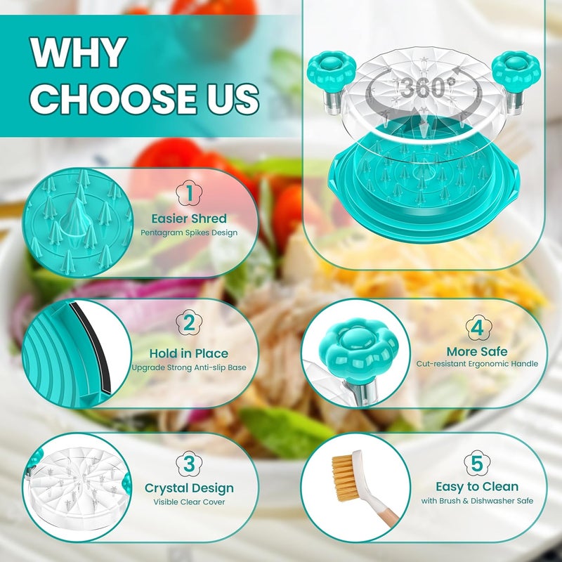 Beiyunee Chicken Shredder Tool Twist Large - 10'' Pro Meat Shredders for Chicken Breast,Visible Kitchen Gadgets Grinder Machine with Brush,Strong Anti-Slip Strip,Ergonomic Handle,BPA Free (Tiff-blue) - Image 2