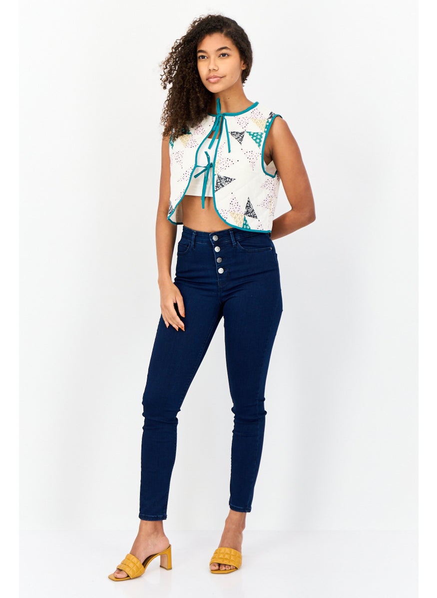 Reclaimed Vintage - Women Tie Neck Sleeveless Allover Print Tank Top, Off White - Image 1
